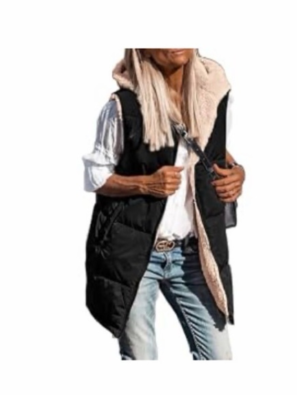 Women's Black Puffer Vest with Sherpa Lining